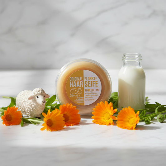 Haarseife mit Schafmilch rund 100g in Dose - Ringelblume